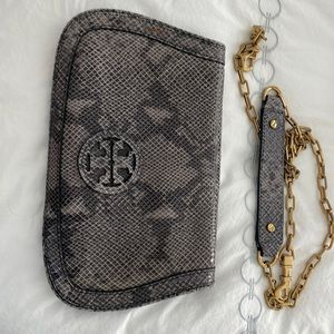 Tory Burch snake skin clutch with gold detachable strap